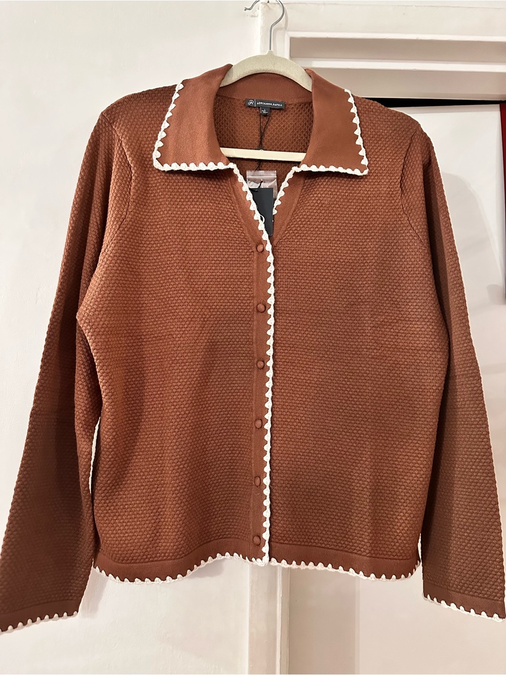 Adrianna Papell Brown Button-Front Knit Cardigan with White Trim